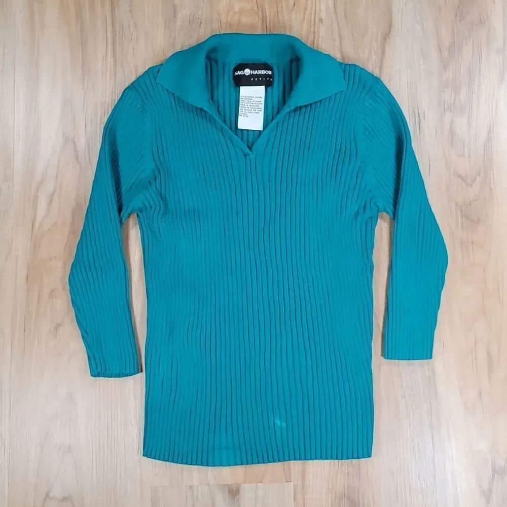 🔺️Vintage Sag Harbor Teal Ribbed 3/4 Sleeve Collared Sweater Top Petite Medium